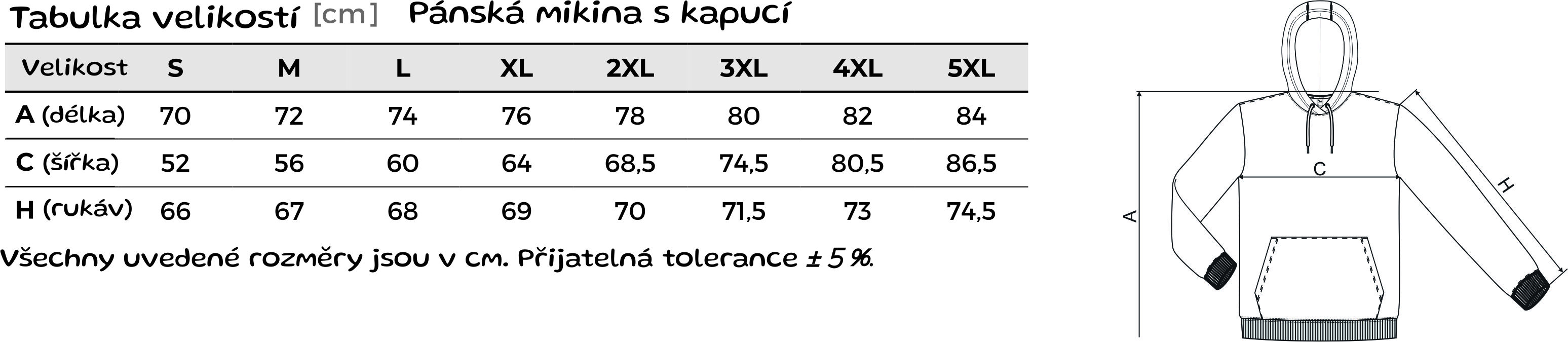 Pánská mikina Cape s kapucí - velikostní tabulka